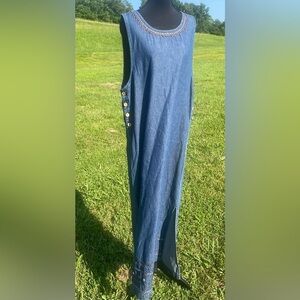 Vintage Carolina Blues Embroidered Jumper Dress Womens 16 Sleeveless Denim